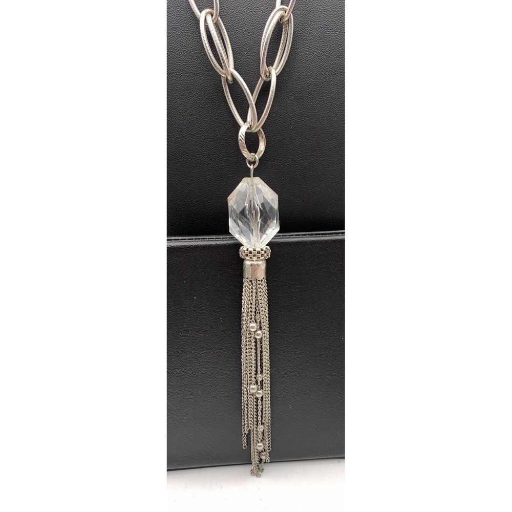 C.O. & Co Silver Tone Link Chain Necklace W Y Drop Crystal Tassel Pendant 32"